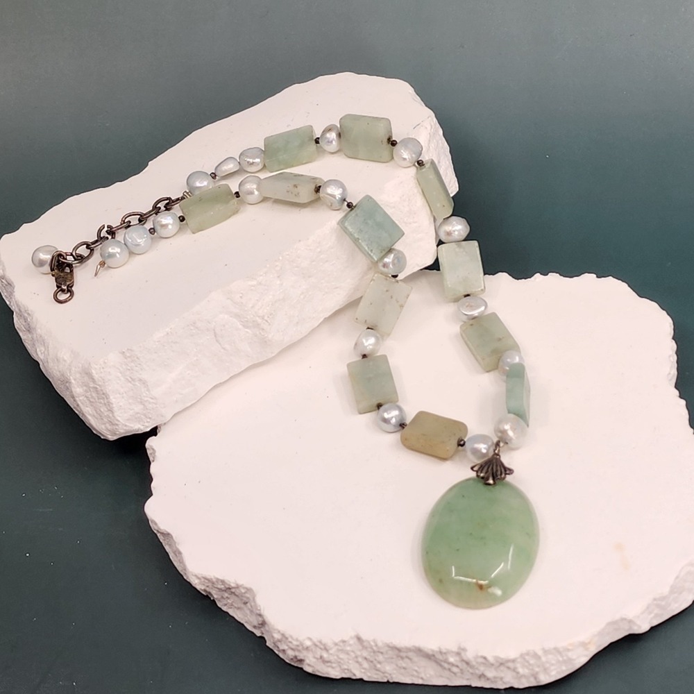 Green Aventurine Style Stone Pearl Pendant Necklace Large Oval Boho Statement